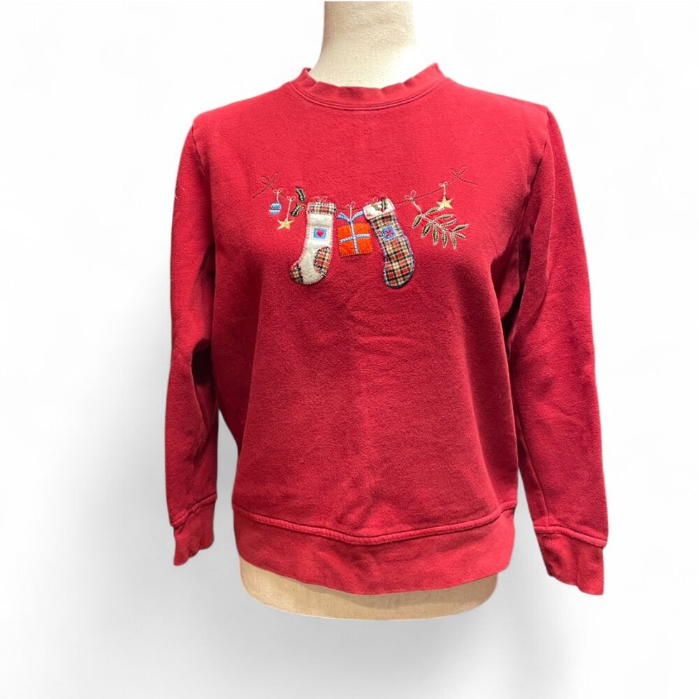 Womens Vintage Red Christmas Embroidered Crewneck Sweatshirt Size Medium